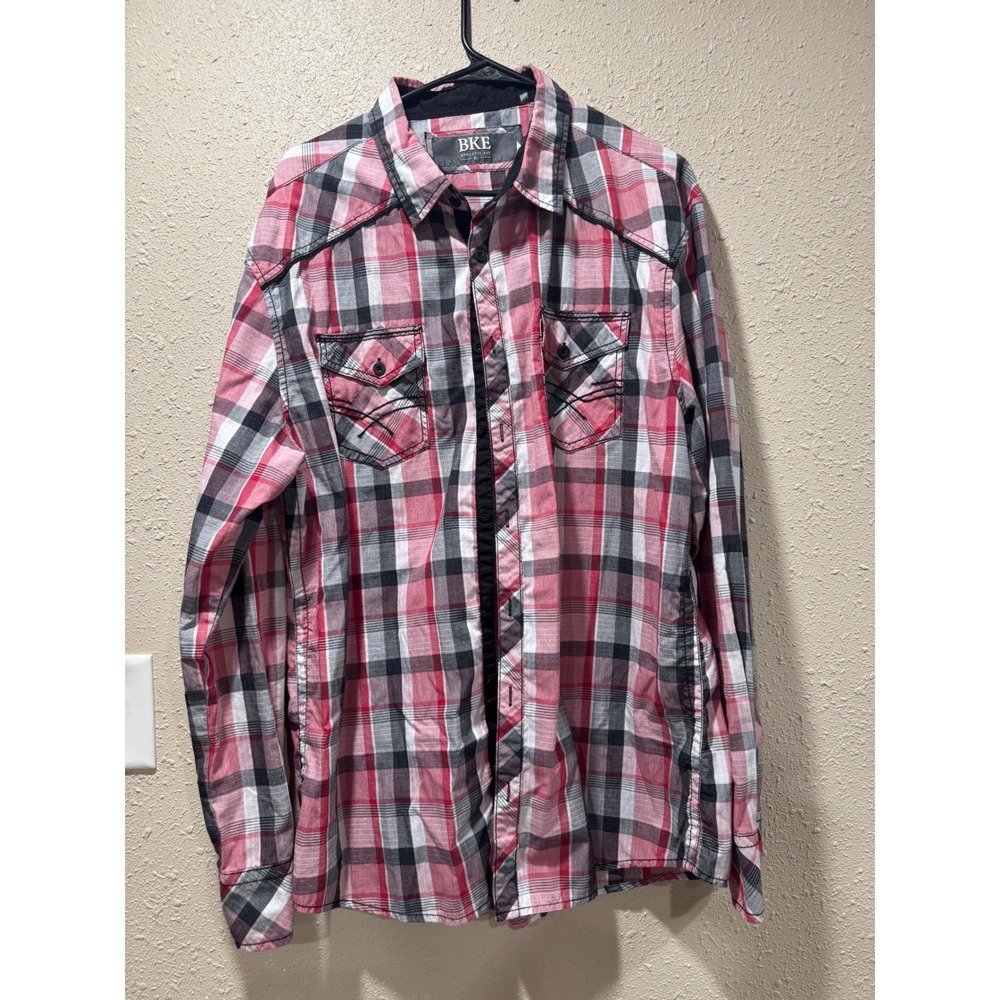 BKE Athletic Fit Mens XL Red Black Plaid Western Long Sleeve Button Down Shirt